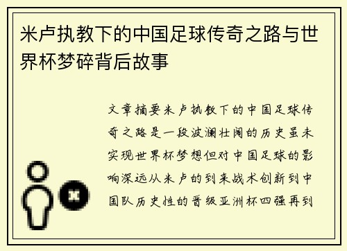 米卢执教下的中国足球传奇之路与世界杯梦碎背后故事