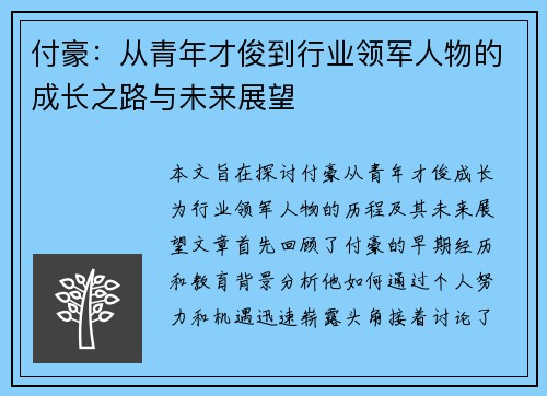 付豪：从青年才俊到行业领军人物的成长之路与未来展望
